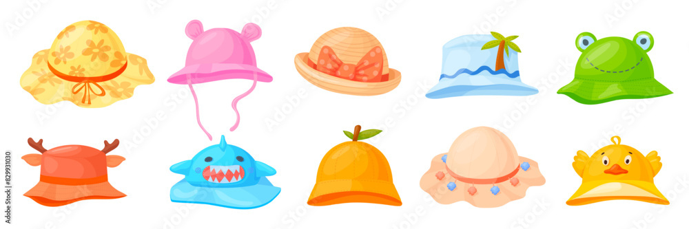 Fototapeta premium Kids panama. Children summer beach hats, baby spring hat fun design head cap child headwear girl or boy summer head sun clothing cartoon panamas collection neat vector illustration