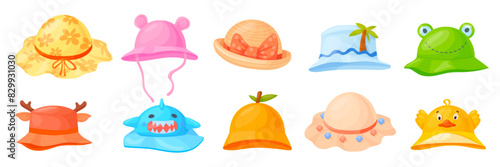 Kids panama. Children summer beach hats, baby spring hat fun design head cap child headwear girl or boy summer head sun clothing cartoon panamas collection neat vector illustration