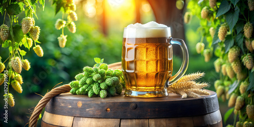 Frisches helles Bier auf einem Holzfass mit besten Zutaten - Hopfen und Malz - Sommersonne im Hintergrund - AI generiert