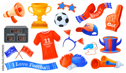 Fan attributes. Soccer cheer accessories, football support attribute fans hat scarf whistle trumpet megaphone sport sticker stadium game play collection, neat vector illustration