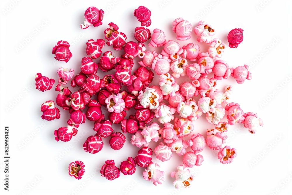 Red and pink popcorn seen from above isolated on white background. Suitable for watching a comfortable movie with delicious, savory and sweet snacks. Red and pink popcorn seen from above isolated on white background. Suitable for watching a comfortable movie with delicious, savory and sweet snacks.