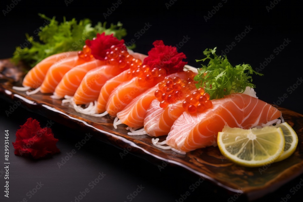 Hearty sashimi on a ceramic tile against a painted gypsum board background Hearty sashimi on a ceramic tile against a painted gypsum board background