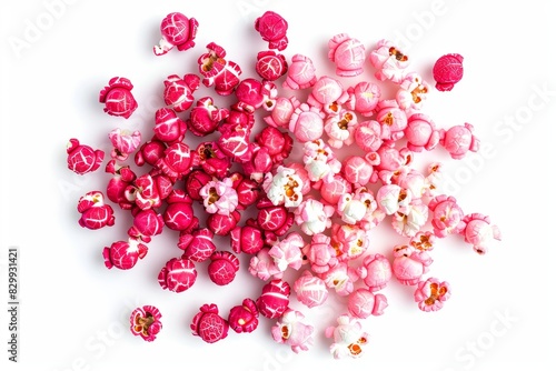 Red and pink popcorn seen from above isolated on white background. Suitable for watching a comfortable movie with delicious, savory and sweet snacks.