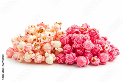 Pile of red and pink popcorn side by side isolated on white background. Suitable for watching a comfortable film with delicious savory and sweet snacks.
