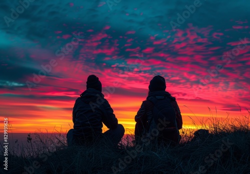 The silhouette of two friends sitting on a hilltop  framed by the vibrant hues of a sunset  captures a tranquil moment of companionship against the expansive sky  emphasizing their close bond.