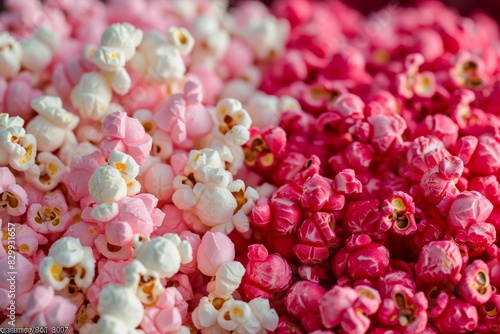 Red and pink popcorn side by side. A comfortable movie watching backdrop with delicious savory and sweet snacks.
