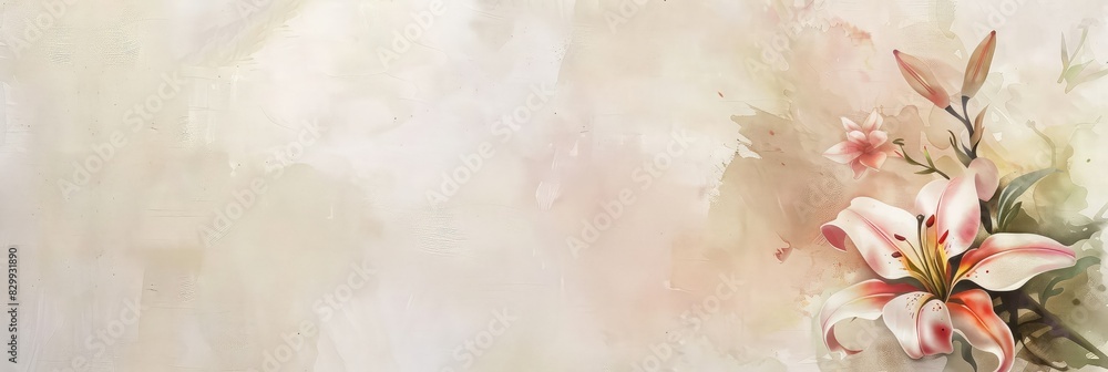 Pink lilies on a beige background. The image is soft and ethereal, with a painterly quality. Pink lilies on a beige background. The image is soft and ethereal, with a painterly quality.