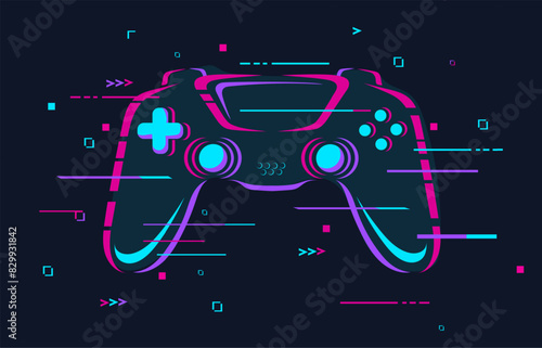 Glitch gamepad. Futuristic glitchy joystick cyber game zone logo gaming tournament poster, casual gamer controller light neon effect, esport action games neat vector illustration