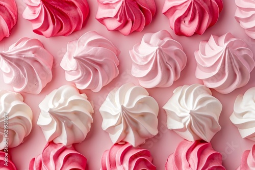 Red, pink and white meringues are neatly arranged. Seen from above, the patern, the background for a special Valentine's Day meal.