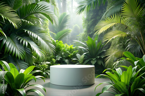 Podium mockup pedestal background product green nature jungle forest stand white plant. Garden beauty platform presentation stone tropical woods.