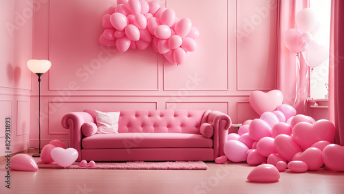 A pink living room with a pink couch  pink balloons  and pink heart-shaped balloons.  