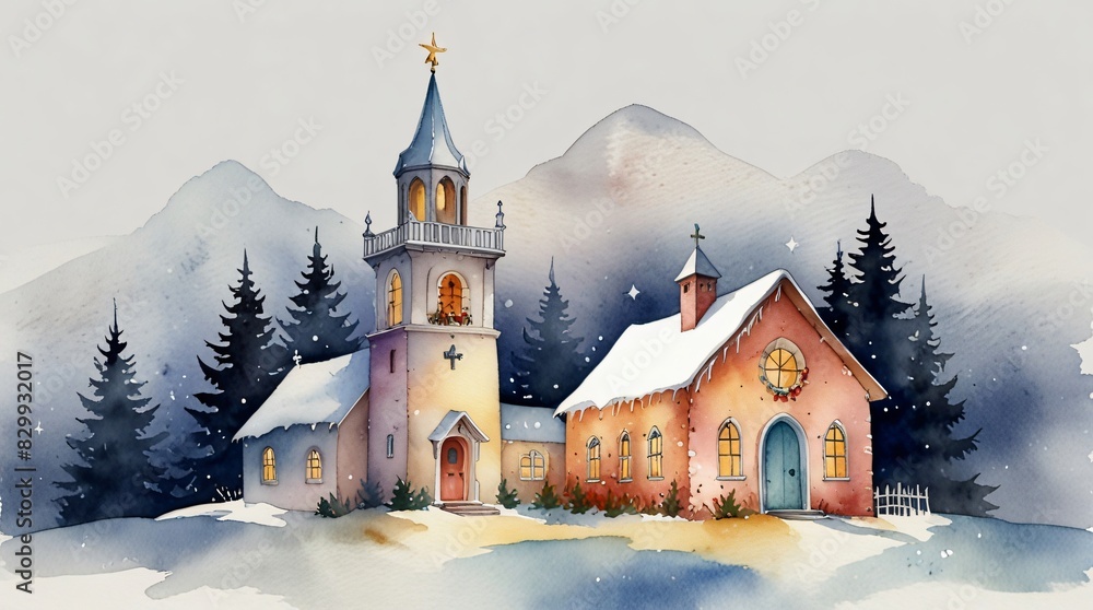 watercolor painting of churc on chistmas night watercolor painting of churc on chistmas night