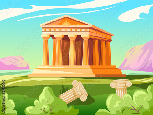 Ancient roman temple. Greek parthenon or antique old building with column gate rome empire architecture, history greece museum athens