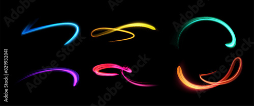 Set of neon 3D magic glows or bright swirl trails.
