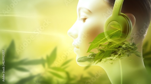 A double exposure of a human ear with a cup of green tea, emphasizing antioxidants' role in health. photo