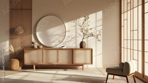 minimalist japanesestyle living room interior with wooden sideboard and wall decor modern home design 3d render photo