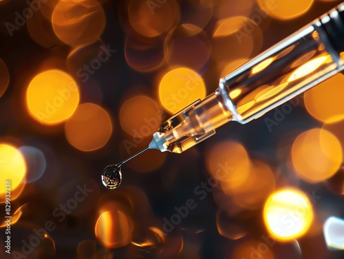 Closeup of a syringe with a drop of liquid at the needle tip, sharp focus