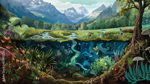 Detailed ecosystem view from terrestrial to underwater habitats photo