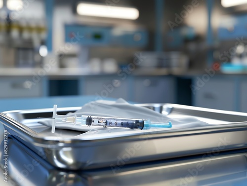 Wallpaper Mural Syringe and a disposable glove, on a metal tray, in a clinical setting, detailed render Torontodigital.ca