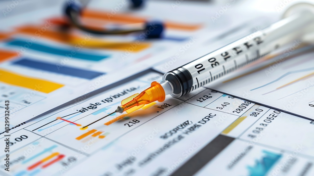 Syringe on a background of medical charts and documents, capturing the professional setting Syringe on a background of medical charts and documents, capturing the professional setting
