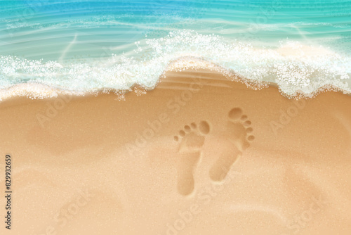 Realistic beach footprint. Family foot print in sea shore sand, dad son mom feet tracks mark on coastline, summer season travel holiday vacation concept exact vector illustration