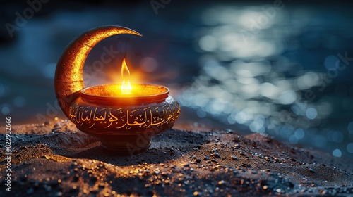Arabic Islamic Calligraphy of Wish (Dua) Allahu Akbar (Allah Is The Greatest) With Exquisite Crescent Moon And Illuminated Arabic Lamp On Sand Dune. 3D  photo