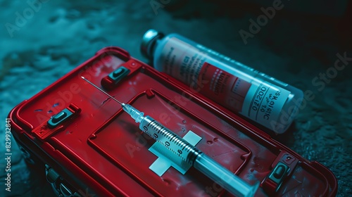 Syringe with needle lying next to a firstaid kit, detailed textures photo