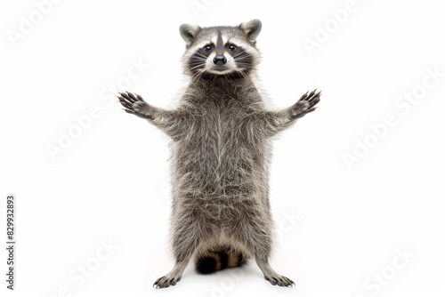 Alert Raccoon Standing Tall with Paws Raised on White Background