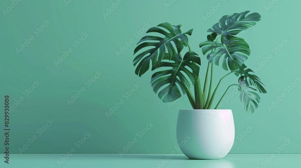 minimalist monstera leaf in modern white pot 3d rendering on green background minimalist monstera leaf in modern white pot 3d rendering on green background