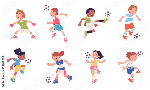 Kids soccer players. Child football player feet kick ball practice, pupils school sport team learning boy and girl teenages athletes, cartoon characters classy vector illustration