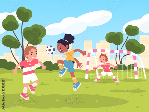 Children playing soccer. Little footballers play football outside in field city park, active school students kids teenagers sport players team kick ball