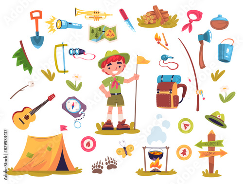 Boy scout equipment. Cartoon boyscout backpacking icons, outdoor cooking forest camping little explorer mountain travel nature expedition child hiking, classy vector illustration