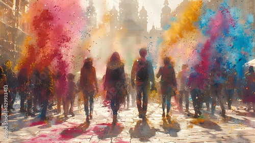 Friends and family exchanging greetings and applying colored powder on each other's faces during Holi celebrations List of Art Media digital art photo