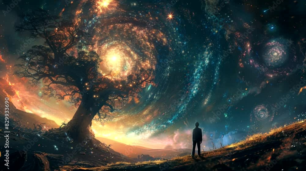 Within the cosmic landscape, galaxies take form as if sprouting from the colossal boughs of cosmic arbors. seamless looping video background animation, cartoon anime style Within the cosmic landscape, galaxies take form as if sprouting from the colossal boughs of cosmic arbors. seamless looping video background animation, cartoon anime style