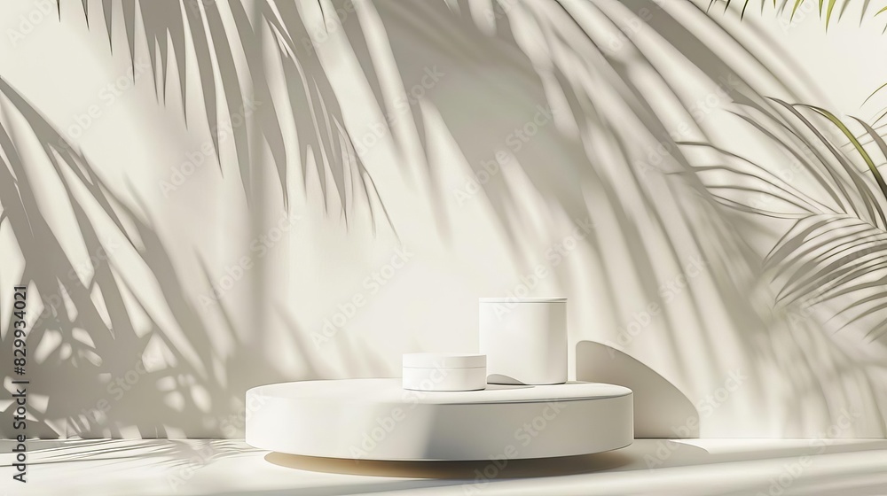 minimalist white cosmetic podium display with tropical leaf shadows soft dappled sunlight background abstract 3d illustration minimalist white cosmetic podium display with tropical leaf shadows soft dappled sunlight background abstract 3d illustration
