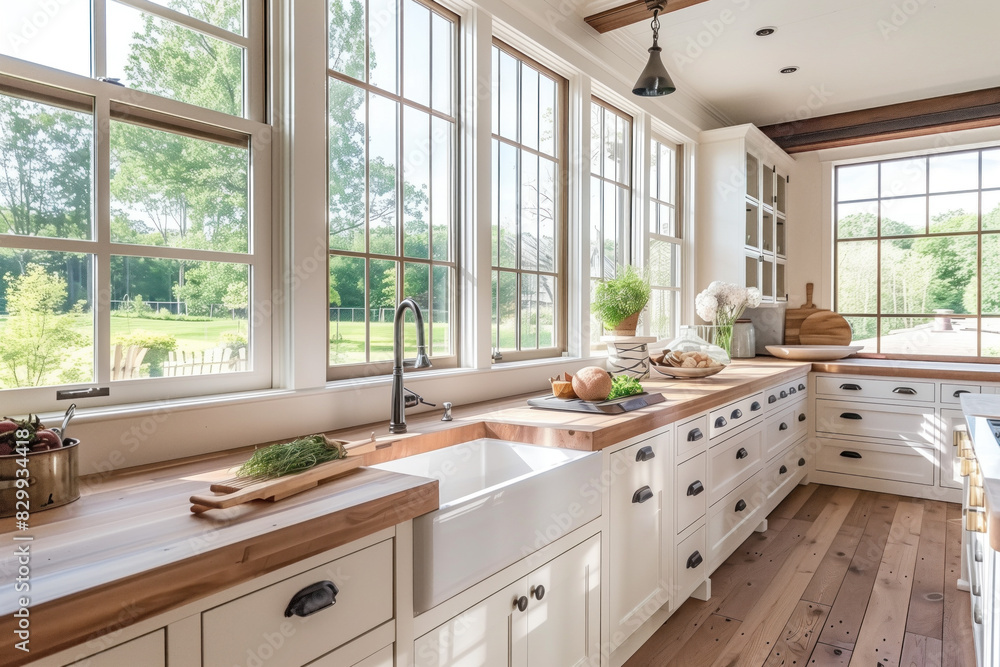 Brightly lit kitchen with expansive windows Brightly lit kitchen with expansive windows