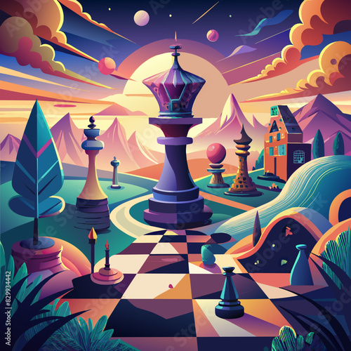 chess board with chess pieces, Surreal chess landscapes with giant pieces in dreamlike setting