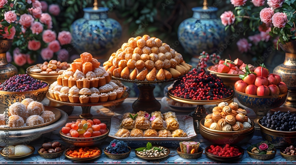 A colorful Eid al-Fitr dessert table with traditional sweets like baklava, dates, and Turkish delight List of Art Media 3D render A colorful Eid al-Fitr dessert table with traditional sweets like baklava, dates, and Turkish delight List of Art Media 3D render