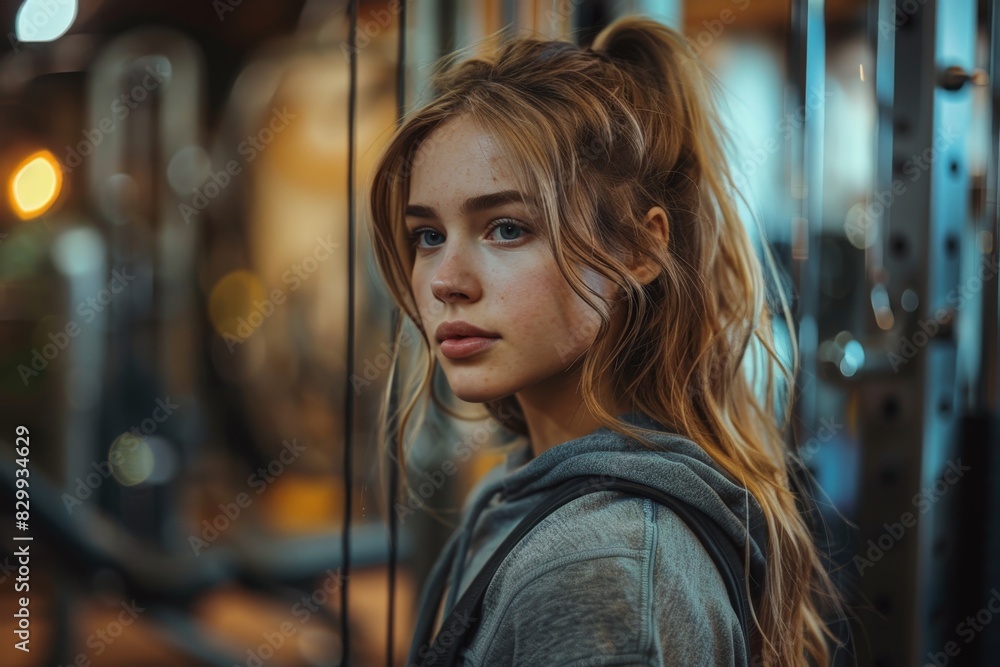 A contemplative woman standing in a gymnasium gazes outside, reflecting a moment of introspection amidst urban surroundings A contemplative woman standing in a gymnasium gazes outside, reflecting a moment of introspection amidst urban surroundings