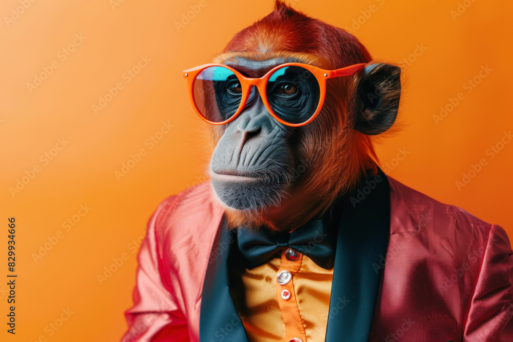 Chimpanzee in orange suit with bow tie Chimpanzee in orange suit with bow tie
