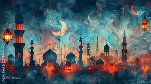 Various Eid al-Fitr icons such as crescent moons, lanterns, and mosque domes arranged artistically with "Eid Mubarak" text List of Art Media mixed media