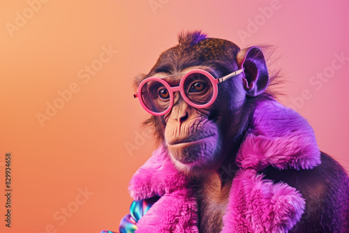 Chimpanzee in pink fur coat with round glasses