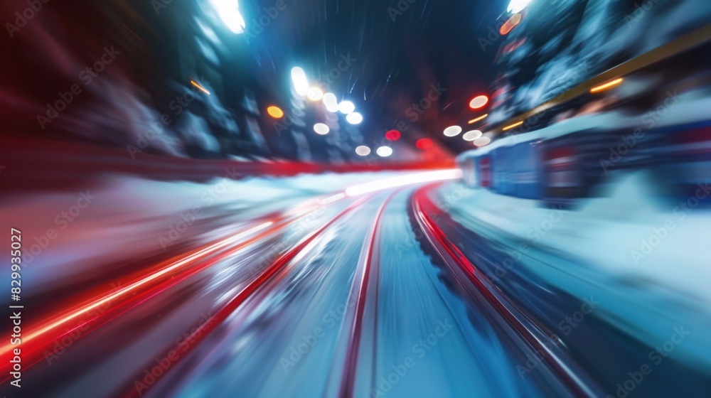 Speeding down a bobsled track at night with blurred motion and bright lights, capturing the intensity and thrill of the race Speeding down a bobsled track at night with blurred motion and bright lights, capturing the intensity and thrill of the race