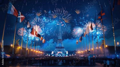 Spectacular fireworks display over the Eiffel Tower at night with colorful explosions and bright lights  celebrating an event in Paris