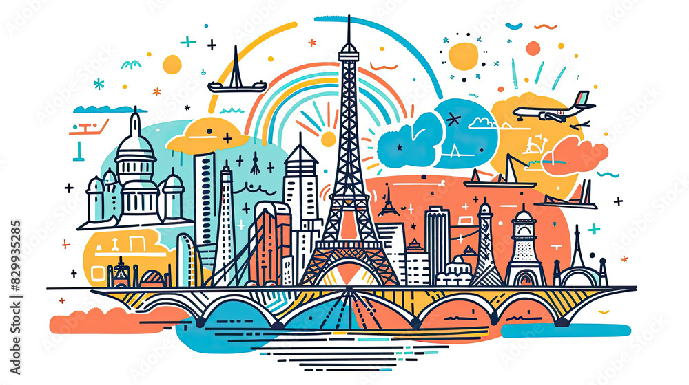 A detailed and artistic illustration of Paris featuring the Eiffel Tower and various landmarks, capturing the essence of the city's architecture and vibrant culture