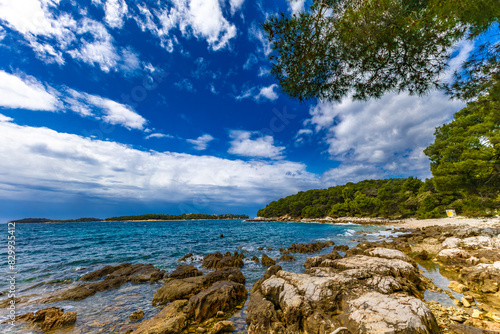 Landscape of the Croatian coast around Rovinj, rocky beaches, azure Adriatic Sea