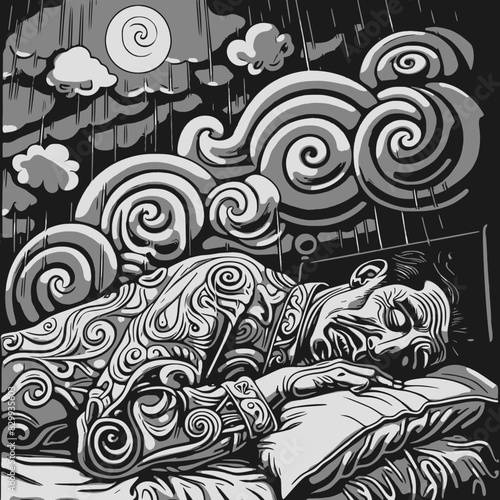 A surreal, whimsical scene of a man peacefully sleeping and dreaming in bed under a swirled night sky. Intricate patterns, rain, and moonlight create a tranquil, dreamy atmosphere.