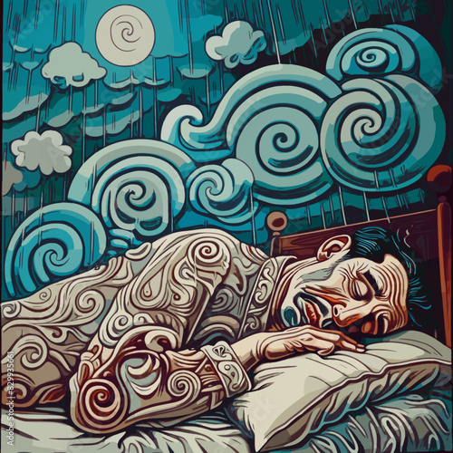 A surreal, whimsical scene of a man peacefully sleeping and dreaming in bed under a swirled night sky. Intricate patterns, rain, and moonlight create a tranquil, dreamy atmosphere.