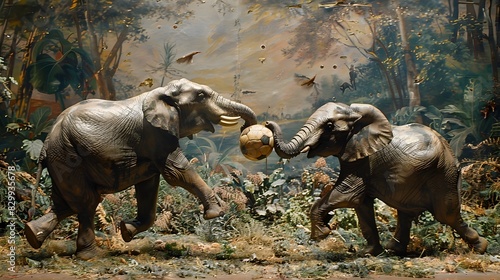 Majestic Elephants Engaged in Playful Football Match Amidst Enchanting Wilderness Scenery