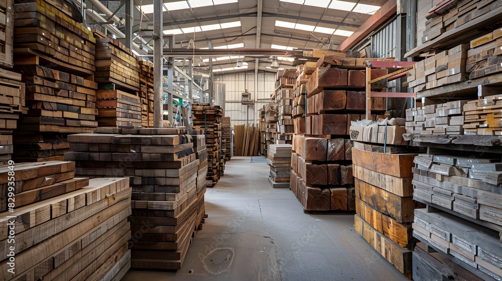 Orderly Stacks of Lumber in a Well Industrial Warehouse Orderly Stacks of Lumber in a Well Industrial Warehouse